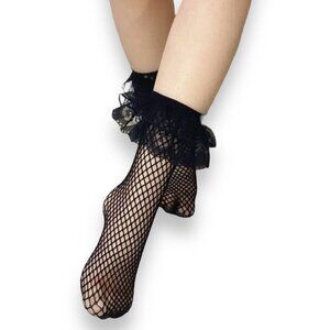 Black Fishnet Lace Ruffle Ankle Socks - NEW